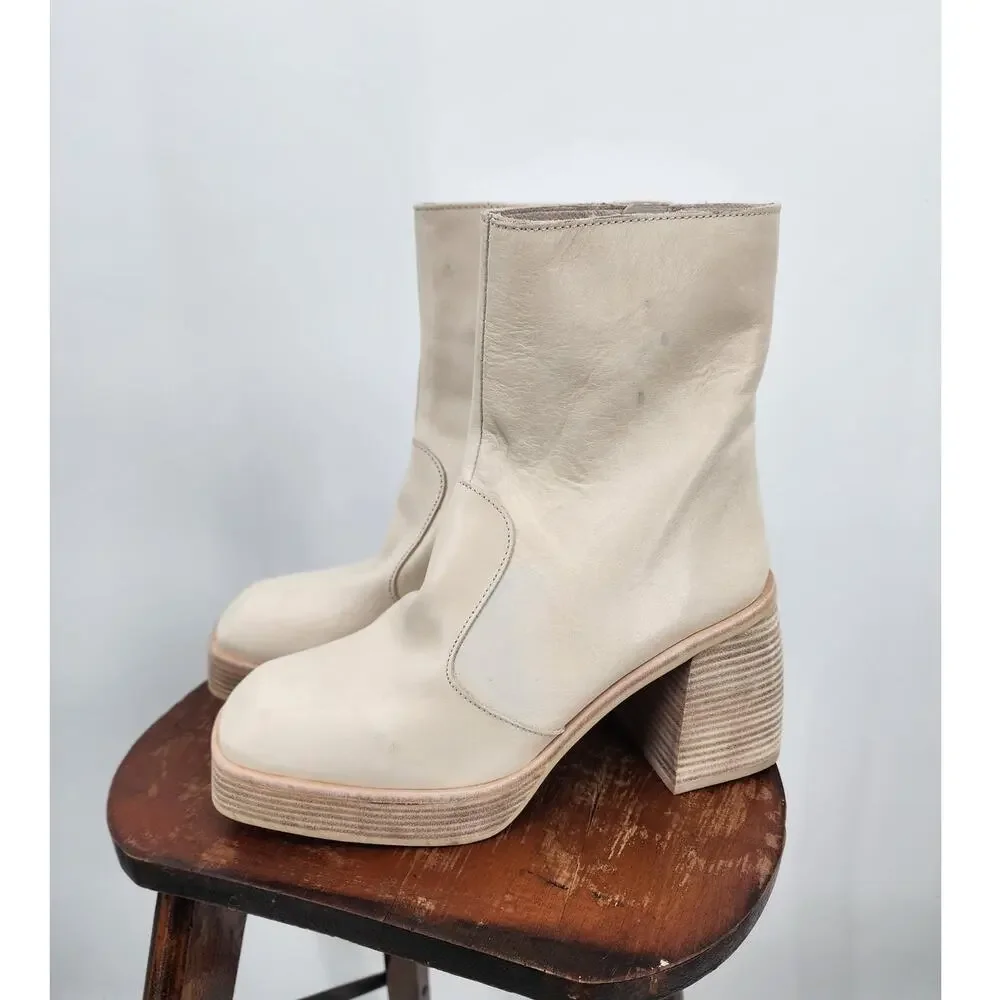 Free People Ruby Bone Off White Square Toe Ankle Block Heel Bootie Size 39.5 9.5